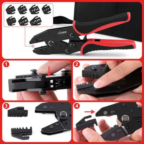 Vista 5 de Zhushan Juego de herramientas de prensado de alambre de 8 piezas, kit de crimpadora de trinquete con troqueles intercambiables para conectores