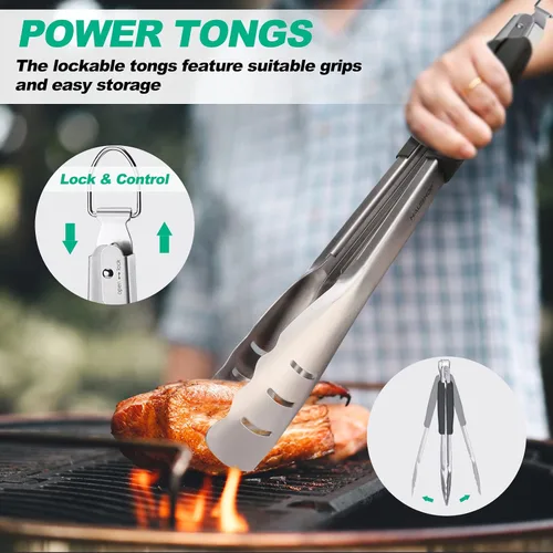 Vista 3 de HAUSHOF Accesorios para Parrilla Grandes de Servicio Pesado, Juego de Barbacoa, Regalos para Hombres y Mujeres - Espátula, Tenedor y Pinzas de Acero