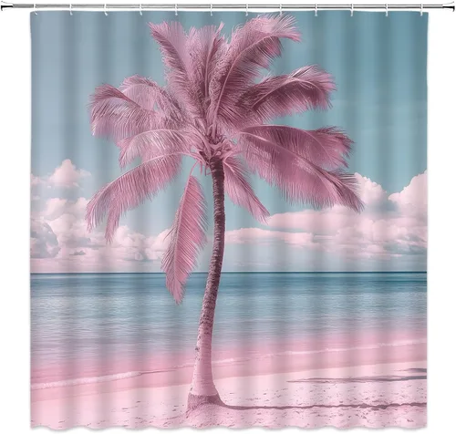 Vista 2 de Cortina de ducha de playa rosa, palmeras rosas, hawaiana, isla tropical, océano, playa, amanecer, puesta de sol, tela natural, juego de decoración