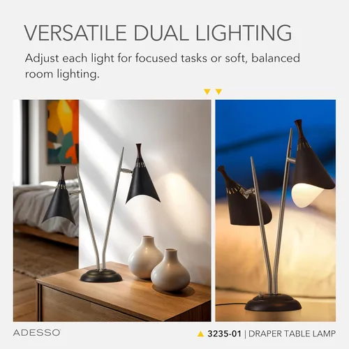 Vista 3 de Adesso 3235-01 Draper Lámpara de escritorio, 22 in., 2 x 60W incandescente/2 x 13W CFL, acero cepillado/pintado negro con acento de madera, 1