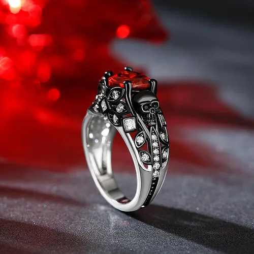 Vista 7 de Jeulia Juego de anillos de compromiso de calavera de 2.55 quilates, plata de ley, corte de corazón, diamantes rojos, anillos de rubí, circonita