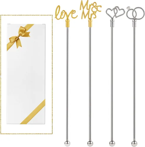 Vista 8 de 4 piezas de agitadores de cóctel Bumble Bee, varillas de acero inoxidable de 19 cm con parte superior decorada en oro para mezclar cócteles