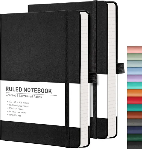 Vista 72 de RETTACY Lined Journal Notebook, 192 Numbered Pages per Pack, 5.7'' x 8.3'' 2-Pack, Leather Hardcover, 100 GSM Thick Paper, for Men & Women, Negro