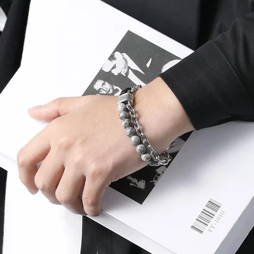 Vista 4 de Pulsera de obsidiana para hombre, pulsera de cuentas negras, pulseras de cadena plateada, pulseras punk, regalo de joyería