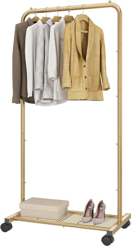 Vista 2 de Simple Trending - Perchero estándar para ropa con ruedas y estante de almacenamiento de malla en color amarillo dorado