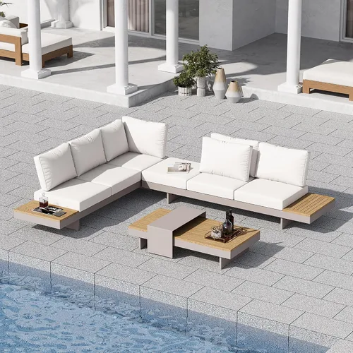 Vista 9 de Homary Set of 6 Aluminium Teak Outdoor L-Shaped Sectional Sofa with Adjustable Backrests, Waterproof and Fade Resistant Cushions