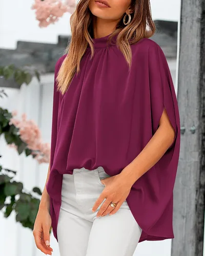 Vista 101 de BTFBM Blusas de verano para mujer, cuello alto falso, manga murciélago, holgadas, dobladillo alto y bajo, blusas informales de gran