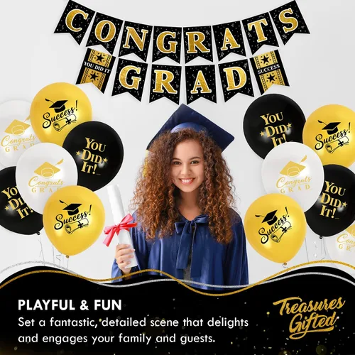 Vista 6 de Treasures Gifted Decoraciones de graduación doradas – Juego de 3 pancartas preencordadas – 1 pancarta de felicitación y 2 banderines – Suministros