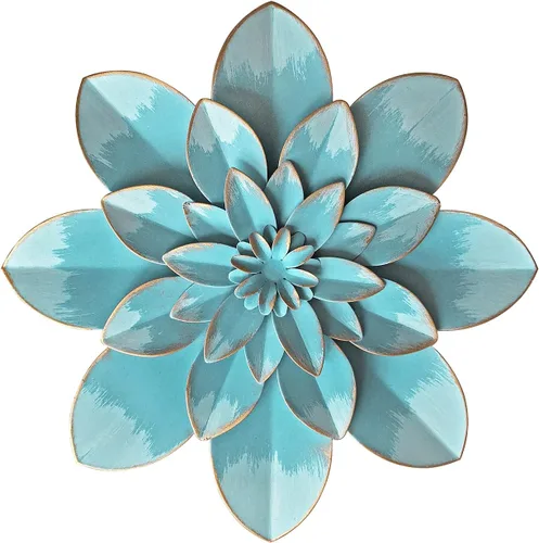 Vista 10 de Decoración artística de pared de flores de metal azul, escultura floral rústica moderna de 9.5 pulgadas, decoración desgastada para colgar
