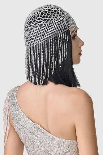 Vista 3 de BABEYOND Banda de los años 20 con cuentas - Diadema flapper y Cleopatra para fiesta temática de Gatsby Plateado
