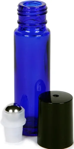 Vista 4 de Vivaplex, 24, azul cobalto, 0.35 onzas de vidrio con rodamiento, botellas con bolas de rodillos de acero inoxidable 3 cuentagotas incluidos