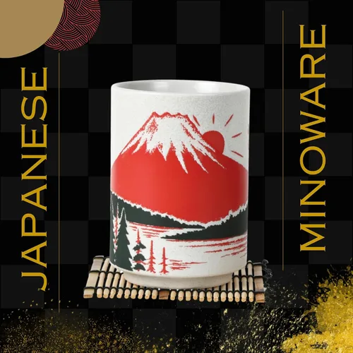 Vista 2 de Tazas de té japonesas Sushi-Yunomi Mino Ware con posavasos de bambú (juego de 2) (Mt. Fuji)