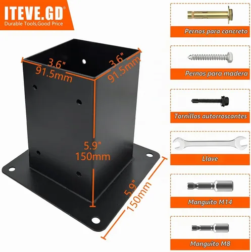 Vista 3 de Base de anclaje de poste de 2 picos, base de poste de madera de hormigón para valla de 4 x 4 pulgadas (real:3.5 x 3.5 pulgadas), soporte para poste