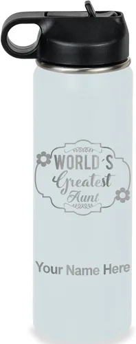 Vista 36 de LaserGram Botella de agua con tapa abatible de doble pared de 12 onzas con pajilla, la tía más grande del mundo, grabado personalizado incluido Negro