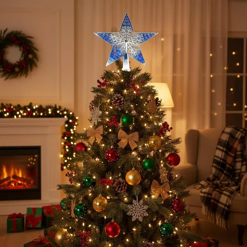 Vista 4 de BinaryABC Estrella para árbol de Navidad, adornos colgantes para árbol de Navidad, purpurina hueca (azul plateado)