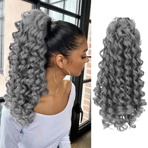 Vista 9 de Oseti Dreadlock - Cola de caballo rizada negra con cordón para mujeres negras, accesorios de moño de pétalos cortos con clip en colas de caballo