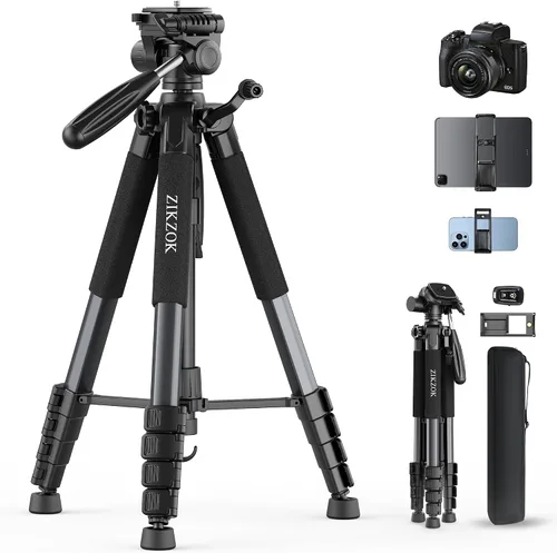 Vista 10 de Trípode de cámara de 75 pulgadas, soporte de cámara de aluminio resistente para teléfono iPad, trípode de viaje con/bolsa de transporte/soporte