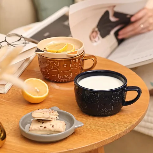 Vista 2 de Linda Taza de Cerámica para Gatos con Tapa, Tazas de Café Kawaii o Tazas de Té para Amantes de los Gatos, Tazas Divertidas de Novedad