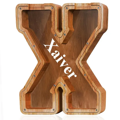Vista 13 de Alcancía de madera grande personalizada con letras – Alcancía de letras para niños y niñas, regalo de cumpleaños (A)