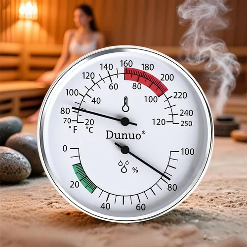 Vista 5 de Termómetro higrómetro de sauna, medidor de temperatura de 4 pulgadas con Fahrenheit y Celsius, 70-250°F / 0-100% HR, medidor analógico resistente al