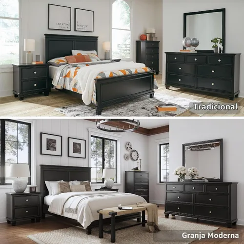 Vista 8 de Signature Design by Ashley - Mesita de noche alta estilo granja, 2 cajones, color negro