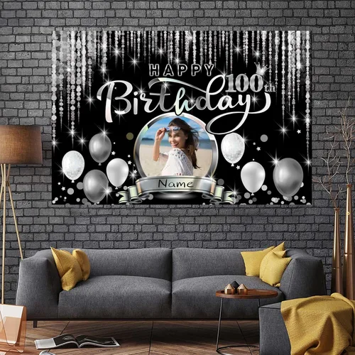 Vista 7 de Cartel de decoración de feliz cumpleaños número 100 personalizado - Personalización disponible - Negro y plateado - Tamaño grande - Admite fotos