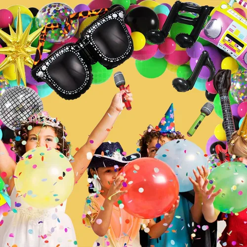 Vista 5 de JOGAMS Decoraciones de fiesta de los 80 y 90 165 piezas Globos con guitarra inflable retro, micrófono, anteojos, nota musical, globos de bola