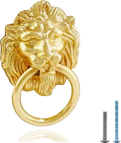 Vista 2 de Jiozermi 5 tiradores de gabinete con cabeza de león, tiradores de anillo para cajón para armario, cocina, armario, color dorado