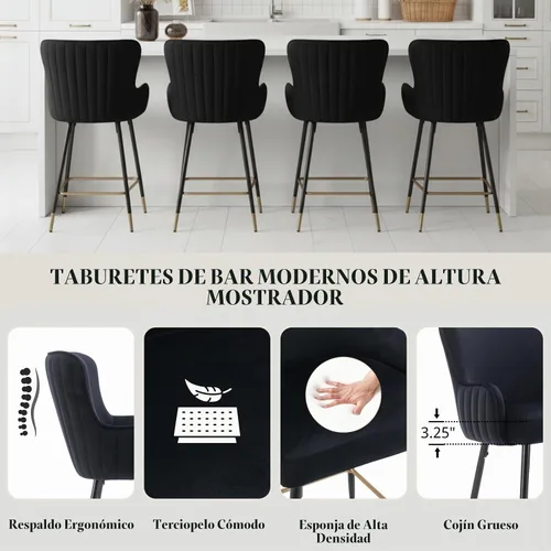 Vista 3 de Juego de 2 taburetes de bar de terciopelo negro de 26 pulgadas, taburetes tapizados dorados con respaldo de ala, taburetes modernos de isla