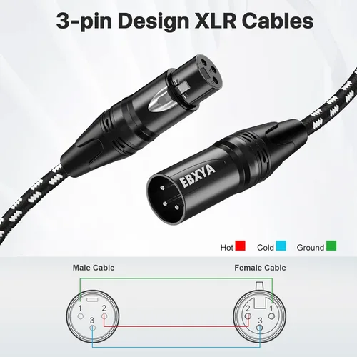 Vista 6 de EBXYA Paquete de 4 cables XLR de 6 pies, cable de micrófono XLR trenzado de alta calidad macho a hembra, 3 pines, cables de micrófono equilibrados