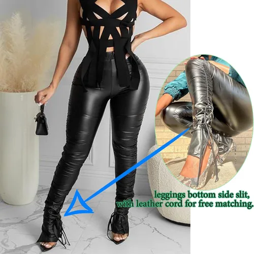 Vista 3 de Leggings de cuero sintético para mujer, mallas de cuero plisadas de cintura alta, pantalones apilados con dobladillo dividido