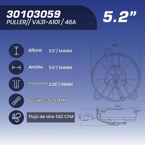 Vista 3 de Spal 30103059 Ventilador extractor de 5.2 pulgadas, 12 voltios, hoja recta de alto rendimiento, 342 cfm, VA31-A101/46A, conector sellado, paquete