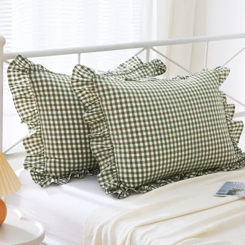 Vista 13 de Mywinlle juego de 2 fundas para cojín con volantes a cuadros negro/blanco, fundas de almohada decorativas de algodón lavado a cuadros estilo granja