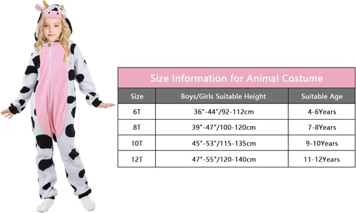 Vista 4 de Disfraz de vaca para niños mameluco unisex de una pieza para niños y niñas talla 9-10T