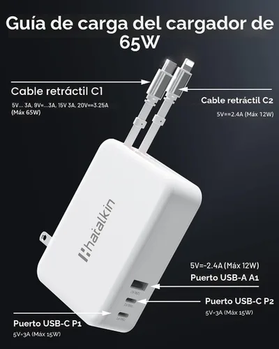 Vista 4 de Cargador de 65 W para MacBook Pro, enchufe de cargador de pared retráctil 5 Blanco