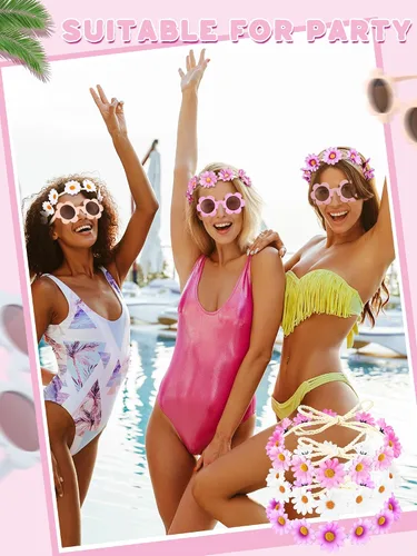 Vista 4 de Kanayu Juego de 16 diademas de flores para adultos, gafas de sol de margarita, gafas de flores redondas, girasol, corona, corona de flores