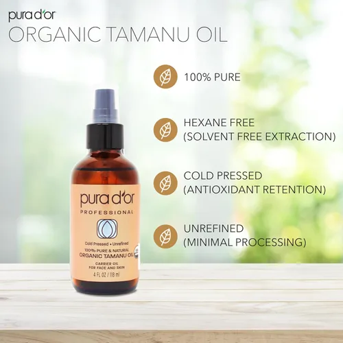 Vista 3 de PURA D'OR Aceite orgánico de Tamanu de 4 onzas, certificado por USDA, 100% puro y natural, aceite portador prensado en frío, hidratante de grado