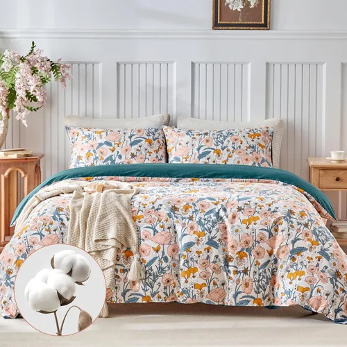 Vista 14 de Lekesky - Juego de funda de edredón de algodón tamaño queen, 100% algodón reversible con estampado floral verde, juego de funda de edredón