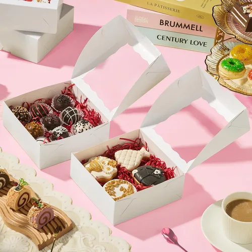 Vista 7 de 20 piezas cajas de panadería elegantes de 6 x 6 x 2.5 pulgadas con ventana, ideales para galletas, fresas cubiertas de chocolate, pasteles