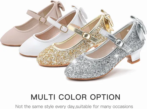 Vista 8 de Dufannie Zapatos de vestir para niñas, zapatos de tacón bajo de princesa, zapatos planos con purpurina para bodas y fiestas