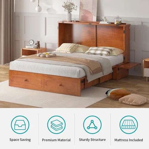 Vista 7 de BALUS 63" W Murphy Bed Queen, Murphy Cabinet Beds with Tri-Fold Mattress & USB Charging Station, Space-Saving Wooden Wall Bed Cabinet with 2 Large