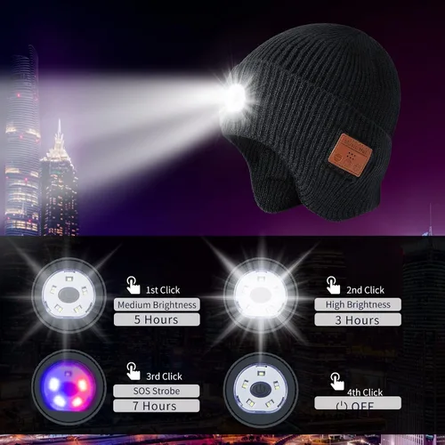 Vista 4 de Bluetooth Beanie with Light, HD Stereo Sound and Built-in Super Bright LED, Cool Gadgets Unique Tech Gifts for Men
