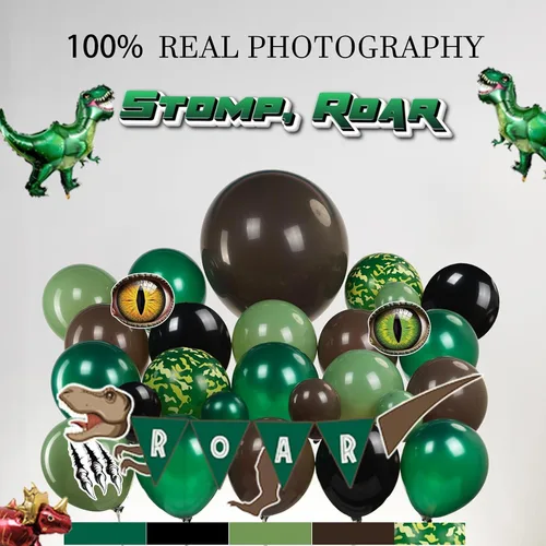 Vista 3 de Decoraciones de Fiesta de Cumpleaños de Dinosaurio kit de arco de globos verde cazador negro marrón con mini globos de papel de aluminio de dino