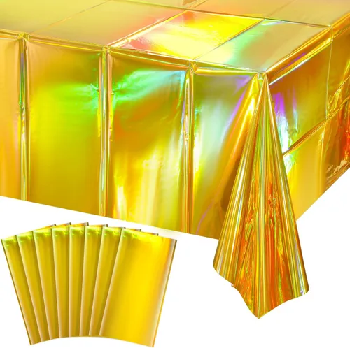 Vista 21 de Paquete de 1 mantel de plástico a cuadros negros e iridiscentes, manteles rectangulares desechables con láser, mantel de papel de aluminio