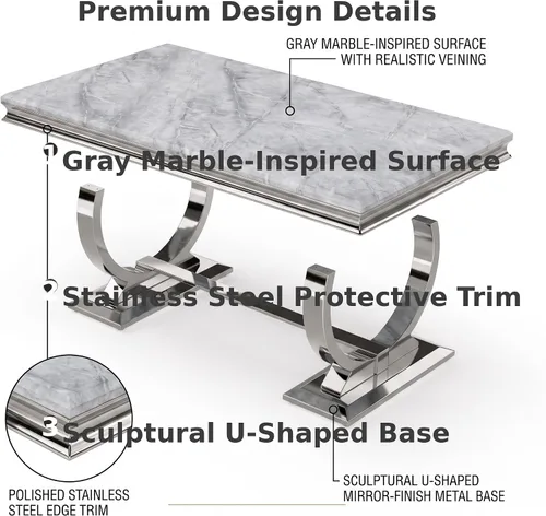 Vista 11 de Asday - Mesa auxiliar de 48 pulgadas con aspecto Glam Stone, borde protector, base en U plateada