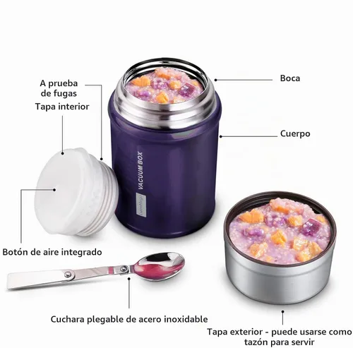 Vista 2 de Contenedor de almuerzo aislado para alimentos calientes, 26 onzas, boca ancha, acero inoxidable, a prueba de fugas, termo con cuchara plegable