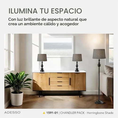 Vista 2 de Adesso Juego de lámparas de 3 piezas: dos lámparas de mesa y una lámpara de pie - Base con acabado de bronce, sombra de espiga oscura, iluminación