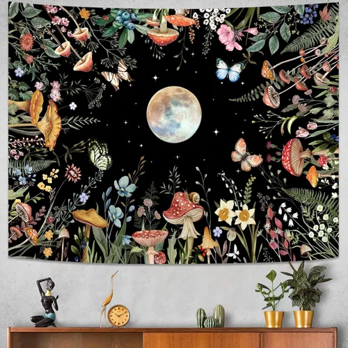 Vista 3 de AMM Tapiz de jardín con luna iluminada por la luna, plantas verdes botánicas, hongos, flores, tapiz para colgar en la pared, color negro