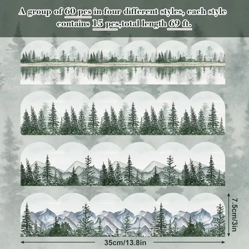 Vista 2 de 69 pies, diseño de bosque de acuarela, 4 diseños, calcomanías autoadhesivas para borde, botánico, vegetación, decoración de borde decorativo