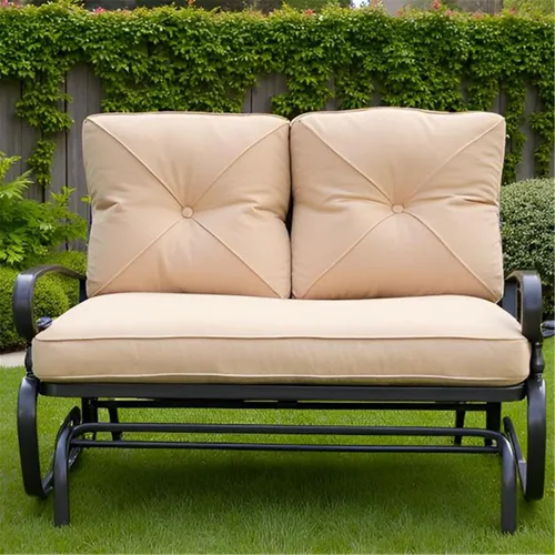 Vista 8 de SUNCROWN Silla mecedora al aire libre, silla mecedora de 2 asientos para patio, sofá biplaza con cojines, muebles de marco de acero, color marrón